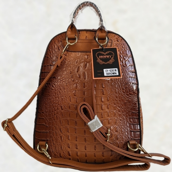 Faux Alligator Leather Dome Zip Top Backpack 5 Pockets Top Handle Amber Brown - Picture 3 of 16